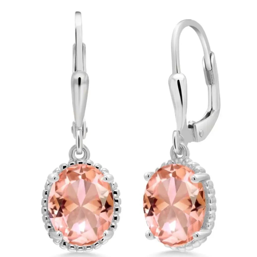 925 Sterling Silver with 4.00 Cttw Peach Morganite Oval Leverback Hook Earrings